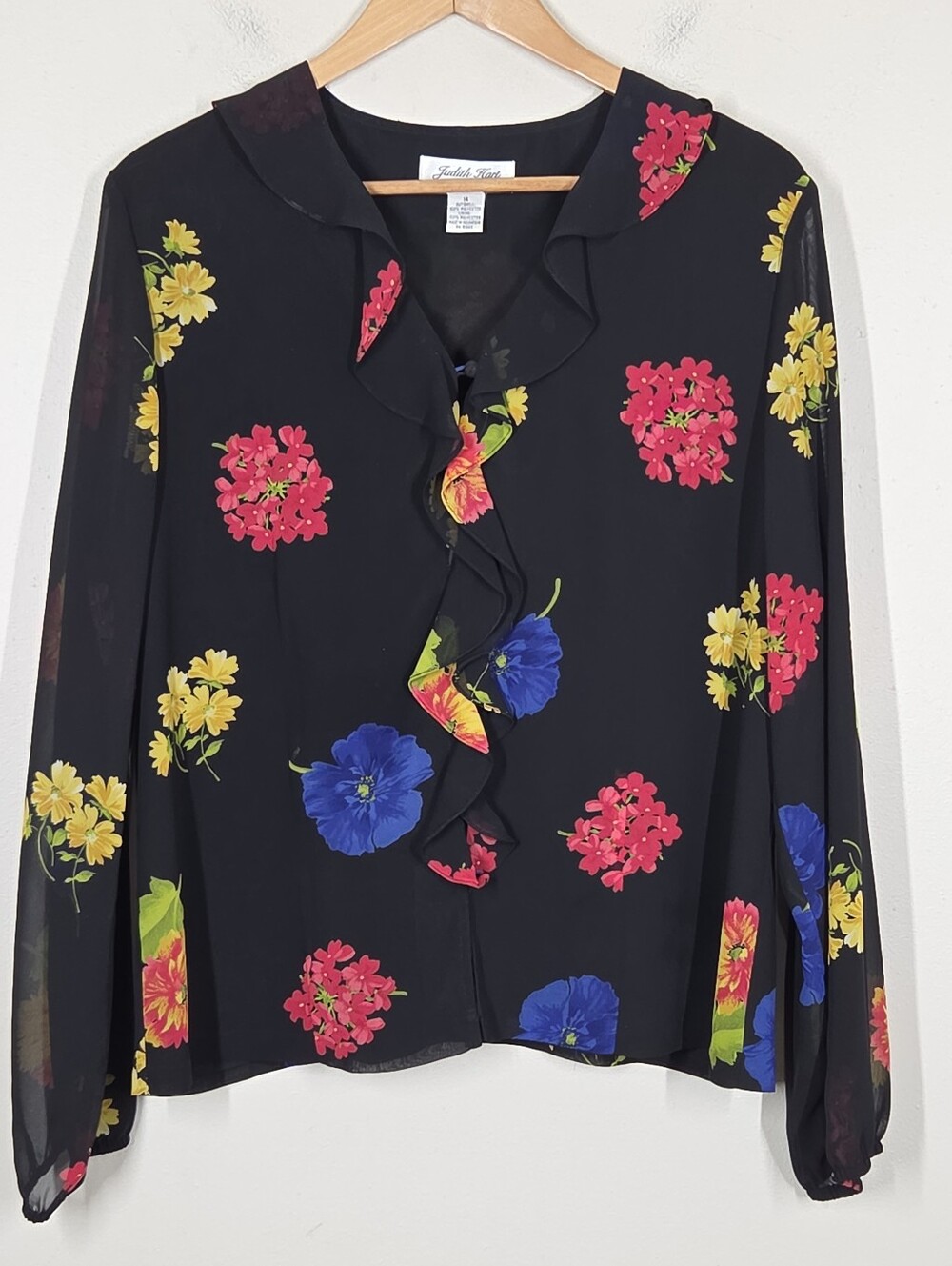 Vtg 90s Y2K Judith Hart Dark Bright Floral Ruffle Top 14 Fairy Garden Grunge Art